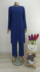 2800 YAKASI VE KOL UCU TAŞ DETAYLI PANTOLON BELİ LASTİKLİ ŞİFON TAKIM 2800#23-08#