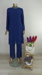 2800 YAKASI VE KOL UCU TAŞ DETAYLI PANTOLON BELİ LASTİKLİ ŞİFON TAKIM 2800#23-08#