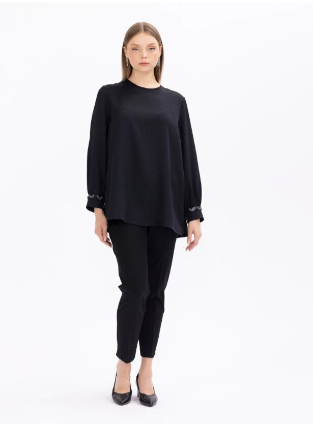 1002 BÜYÜK BEDEN TAŞ İ̇ŞLEMELİ YUVARLAK YAKALI BLUZ ŞIK BLUZ 14231102001002  QKS ŞIK BLUZ #23-103