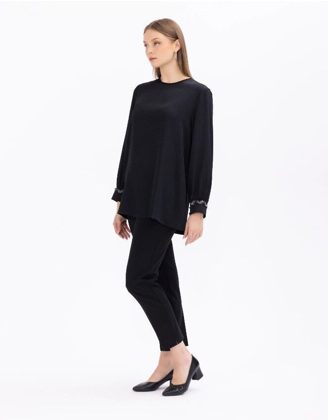 1002 BÜYÜK BEDEN TAŞ İ̇ŞLEMELİ YUVARLAK YAKALI BLUZ ŞIK BLUZ 14231102001002  QKS ŞIK BLUZ #23-103