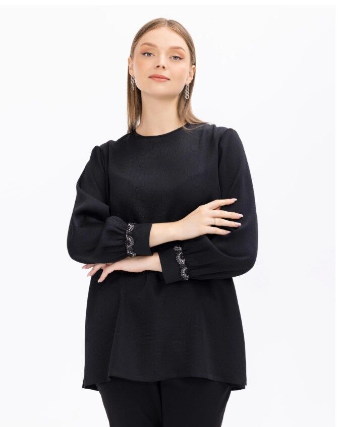 1002 BÜYÜK BEDEN TAŞ İ̇ŞLEMELİ YUVARLAK YAKALI BLUZ ŞIK BLUZ 14231102001002  QKS ŞIK BLUZ #23-103