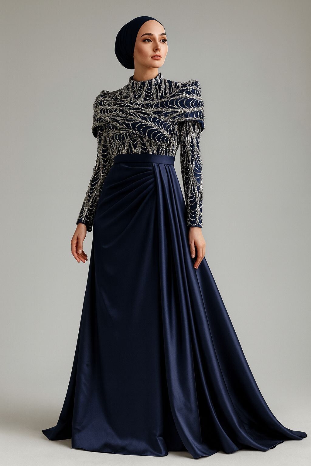 2506 ÜST KISMI BELİNE KADAR TAŞ İŞLEMELİ GÖĞSÜ ÇAPRAZ DETAYLI BELDEN AŞAĞI SATEN ELBİSE #04-25#