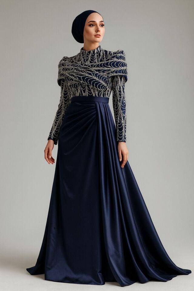 2506 ÜST KISMI BELİNE KADAR TAŞ İŞLEMELİ GÖĞSÜ ÇAPRAZ DETAYLI BELDEN AŞAĞI SATEN ELBİSE #04-25#