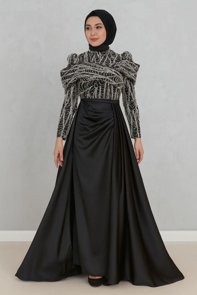 2506 ÜST KISMI BELİNE KADAR TAŞ İŞLEMELİ GÖĞSÜ ÇAPRAZ DETAYLI BELDEN AŞAĞI SATEN ELBİSE #04-25#