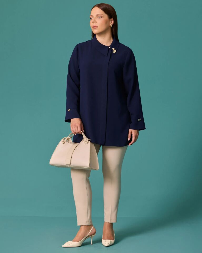 4014 BÜYÜK BEDEN AKSESUAR DÜĞME DETAYLI KLASİK YAKA TUNİK #2026#