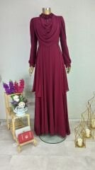 2111 BOYNU ÇİÇEK VE TAŞ DETAYLI ŞİFON BELİ YARIM TÜLLÜ KUYRUKLU ABİYE ELİBİSE QYS ELBİSE 2011 #23-083