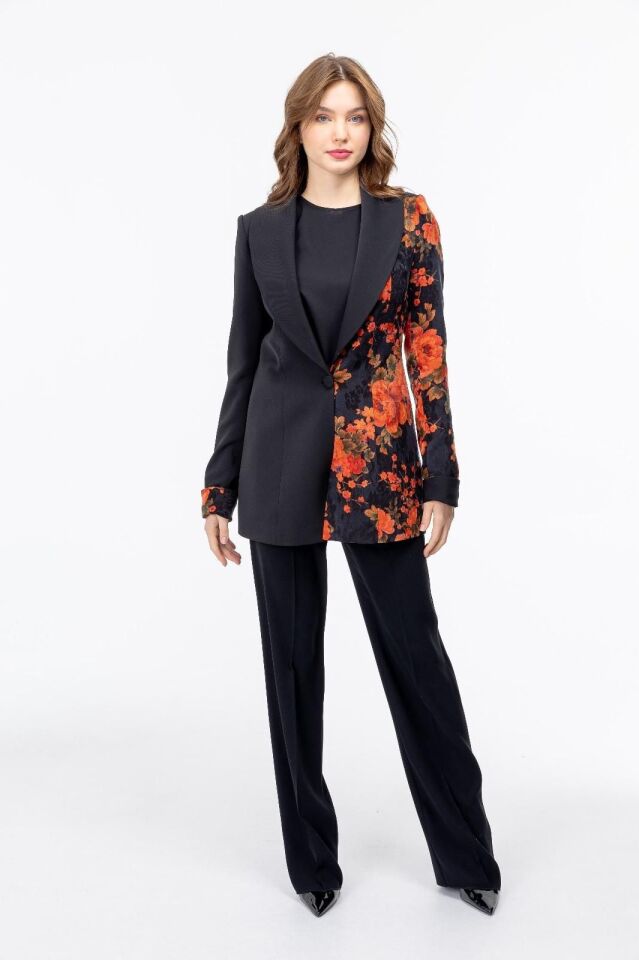 5081 CEKETLİ TAKIM ÖNÜ DÜĞMELİ OVAL KRAVUZE YAKA YAN TARAFI ÇİÇEKLİ SPOR KLASİK BLAZER CEKETLİ TAKIM #03-25#