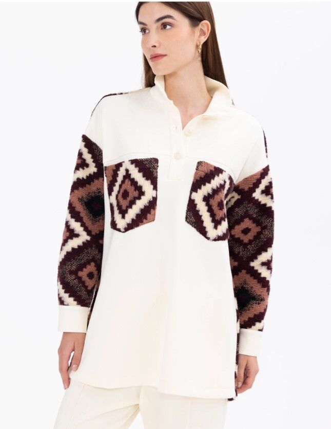 1078 ETNİK DESEN DETAYLI HAKİM YAKALI ÖRME KUMAŞ TUNİK GÜNLÜK TNİK 11231304201078 QKS GÜNLÜK TUNİK #23-10#