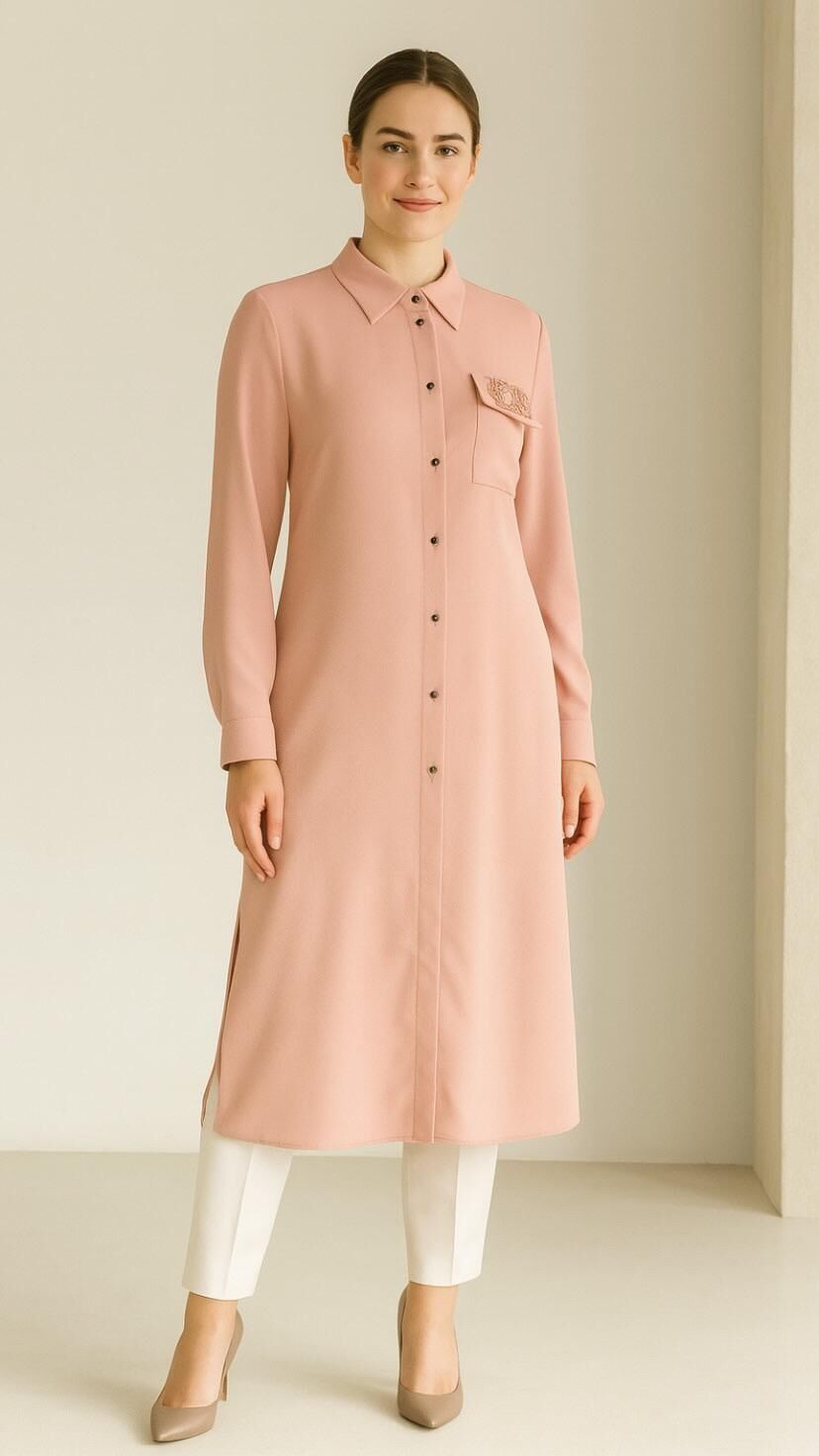 2092 ÖNÜ DÜĞMELİ CEP DETAYI TAŞLI BELİ KUŞAKLI GÖMLEK ELBİSE TUNİK #03-25#