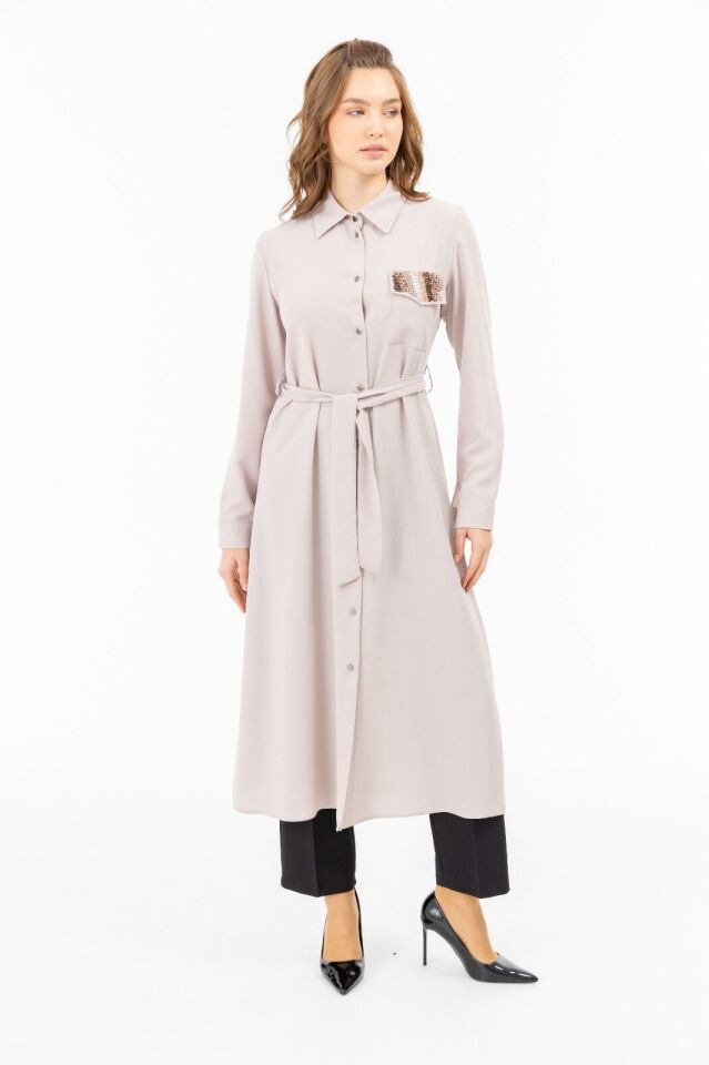 2092 ÖNÜ DÜĞMELİ CEP DETAYI TAŞLI BELİ KUŞAKLI GÖMLEK ELBİSE TUNİK #03-25#