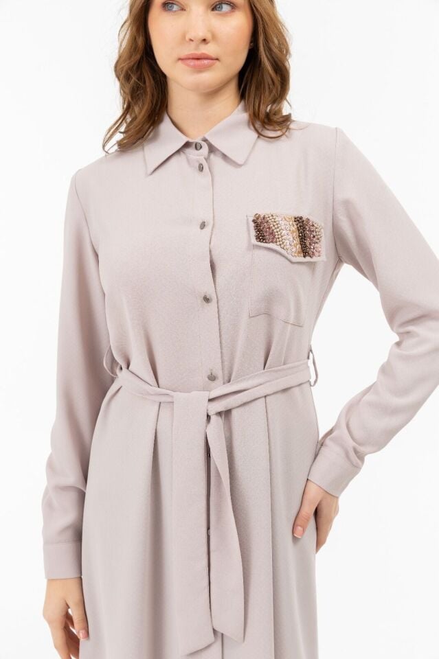 2092 ÖNÜ DÜĞMELİ CEP DETAYI TAŞLI BELİ KUŞAKLI GÖMLEK ELBİSE TUNİK #03-25#