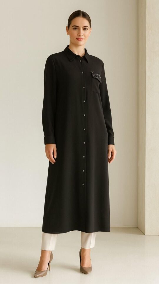 2092 ÖNÜ DÜĞMELİ CEP DETAYI TAŞLI BELİ KUŞAKLI GÖMLEK ELBİSE TUNİK #03-25#