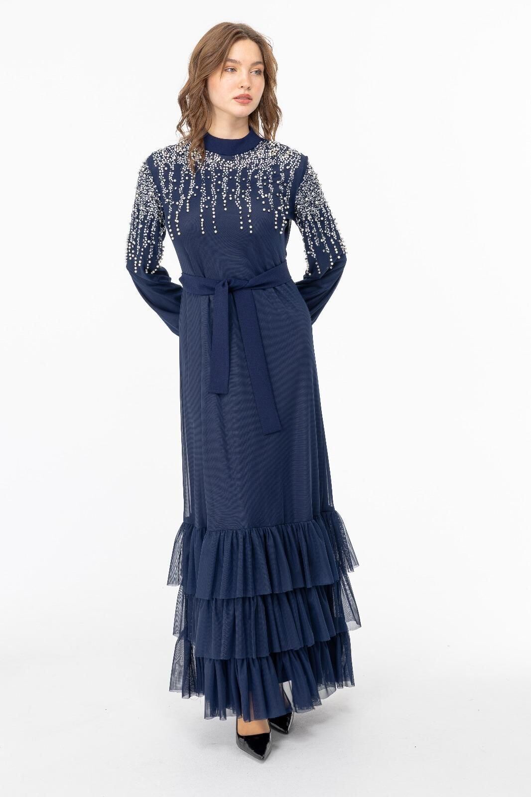 5022 SIFIR YAKA KOL UCU LASTİKLİ KOLLARI VE OMZU GÖĞÜSE KADAR TAŞLI ETEK UCU KAT DETAYLI TÜL ELBİSE #03-25#