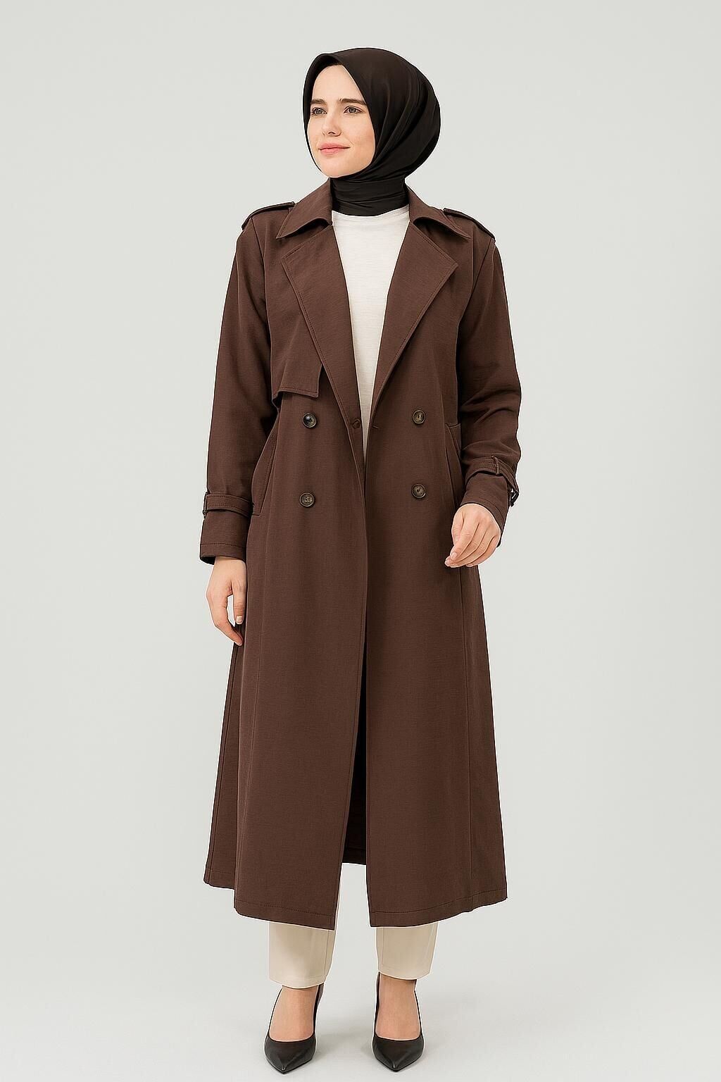 2014 KRAVUZE YAKA ÇİFT DÜĞMELİ KLASİK KETEN TRENÇ GİY ÇIK KAP #04-25#