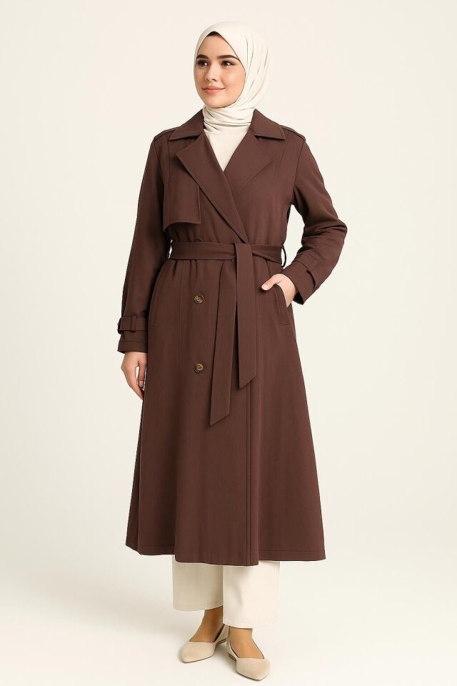 2014 KRAVUZE YAKA ÇİFT DÜĞMELİ KLASİK KETEN TRENÇ GİY ÇIK KAP #04-25#