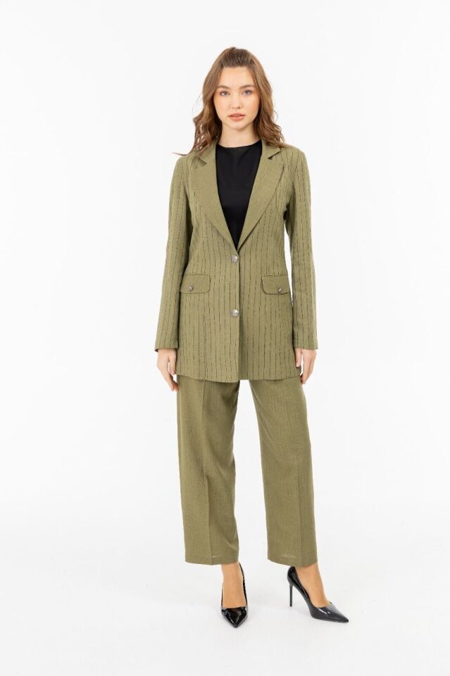 2068 KRUVAZE YAKA ÖNÜ DÜĞMELİ ÖNDEN CEPLİ ÇİZGİ DESENLİ KETEN CEKET #05-25#