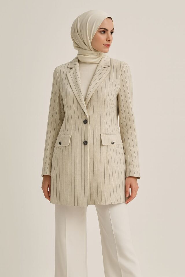 2068 KRUVAZE YAKA ÖNÜ DÜĞMELİ ÖNDEN CEPLİ ÇİZGİ DESENLİ KETEN CEKET #05-25#