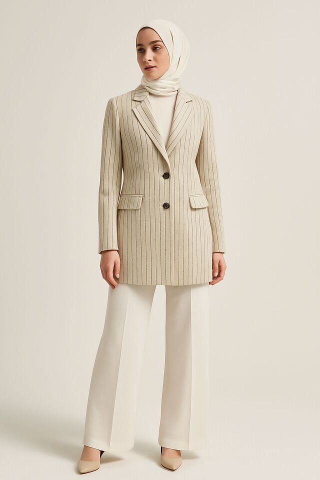 2068 KRUVAZE YAKA ÖNÜ DÜĞMELİ ÖNDEN CEPLİ ÇİZGİ DESENLİ KETEN CEKET #05-25#