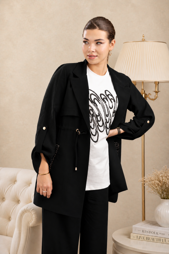3009 TAŞ İŞLEME DETAYLI CEPLİ İÇ BLUZ TAŞ BASKILI KETEN ÜÇLÜ TAKIM #26#