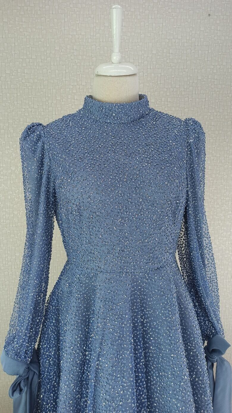 193 KOL UCU KURDELELİ BONCUK VE TAŞ İŞLEMELİ PERENSES MODEL TASARIM ABİYE ELBİSE #23-113