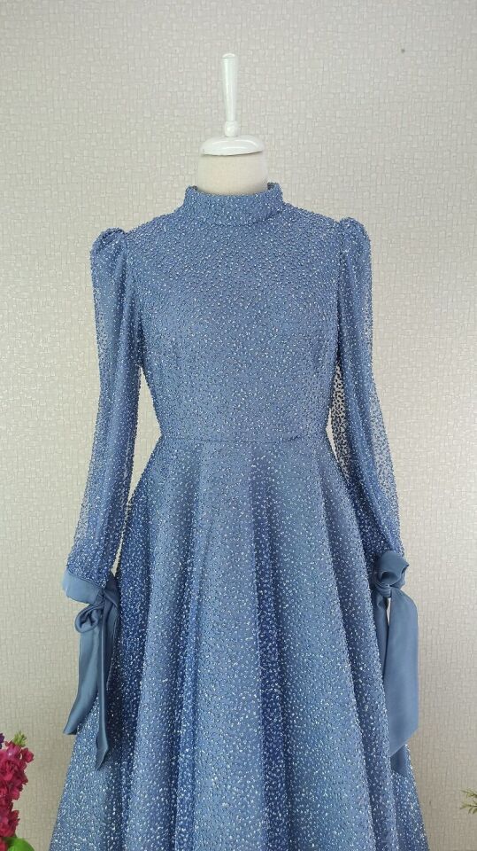 193 KOL UCU KURDELELİ BONCUK VE TAŞ İŞLEMELİ PERENSES MODEL TASARIM ABİYE ELBİSE #23-113