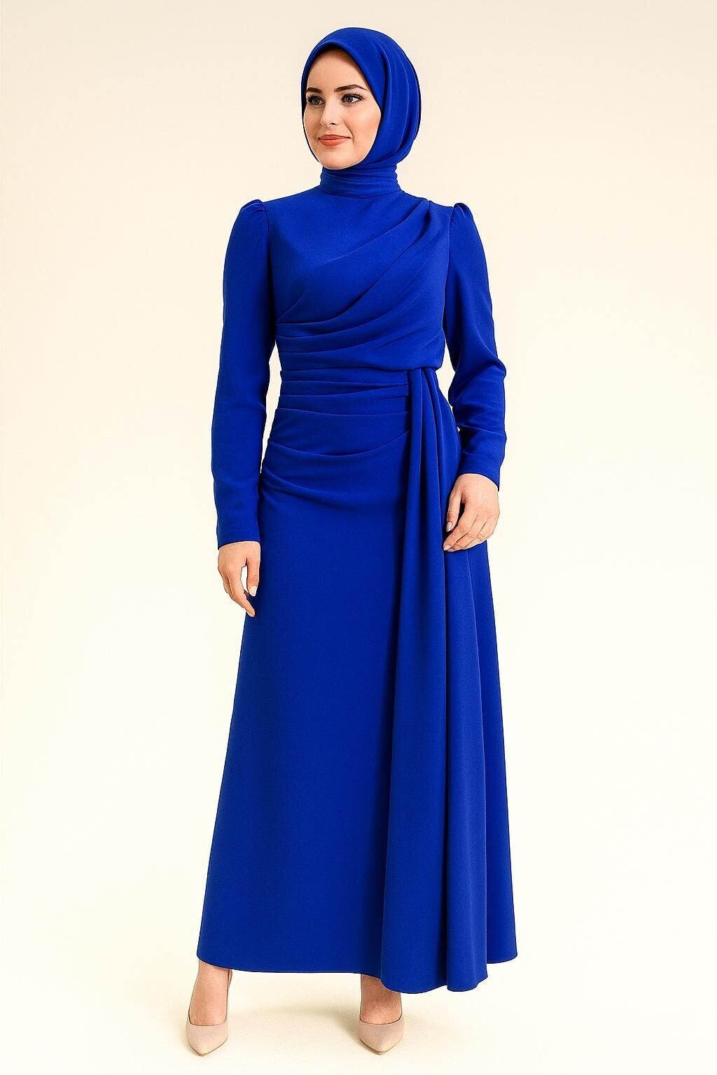 5005 SIFIR YAKA GÖĞÜS VE BEL KISMI PİLE DETAYLI YANDAN KUYRUK DETAYLI İÇİ ASTARLI ŞIK ELBİSE #07-25#