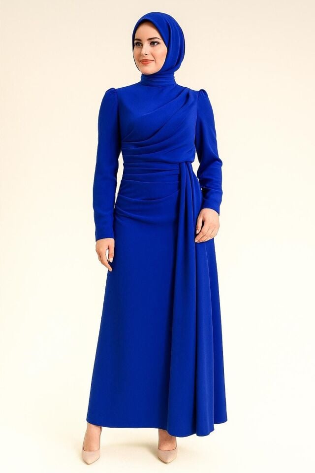 5005 SIFIR YAKA GÖĞÜS VE BEL KISMI PİLE DETAYLI YANDAN KUYRUK DETAYLI İÇİ ASTARLI ŞIK ELBİSE #07-25#