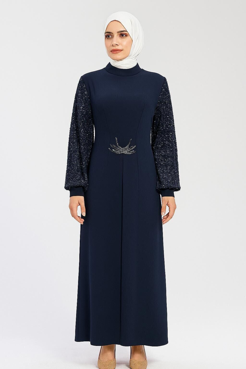 5138 HAKİM YAKA BALON KOL KOLLARI BONCUK İŞLEMELİ KOL UCU FERMUARLI ÖNÜ YELEK GÖRÜNÜMLÜ ABİYE ELBİSE #07-25#