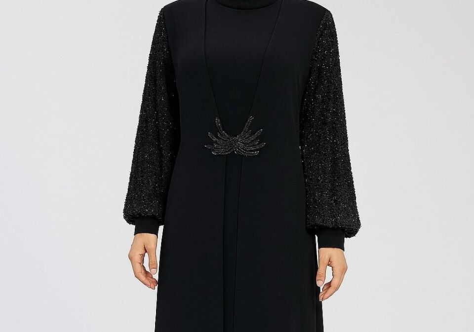 5138 HAKİM YAKA BALON KOL KOLLARI BONCUK İŞLEMELİ KOL UCU FERMUARLI ÖNÜ YELEK GÖRÜNÜMLÜ ABİYE ELBİSE #07-25#