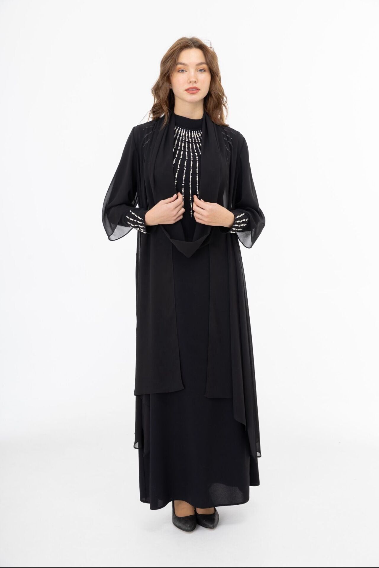 5024 YAKADAN GÖĞÜSE KADAR TAŞ İŞLEMELİ KOL UÇLARI TAŞLI OMUZDAN ÖNÜNE KADAR TÜL DETAYLI ŞIK ABİYE #07-25#