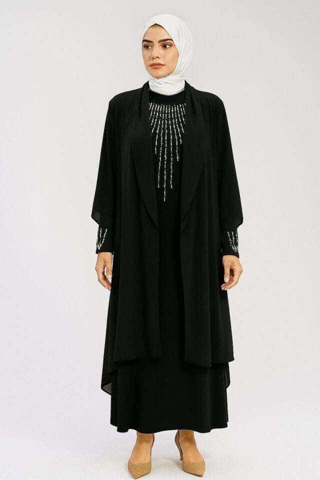 5024 YAKADAN GÖĞÜSE KADAR TAŞ İŞLEMELİ KOL UÇLARI TAŞLI OMUZDAN ÖNÜNE KADAR TÜL DETAYLI ŞIK ABİYE #07-25#