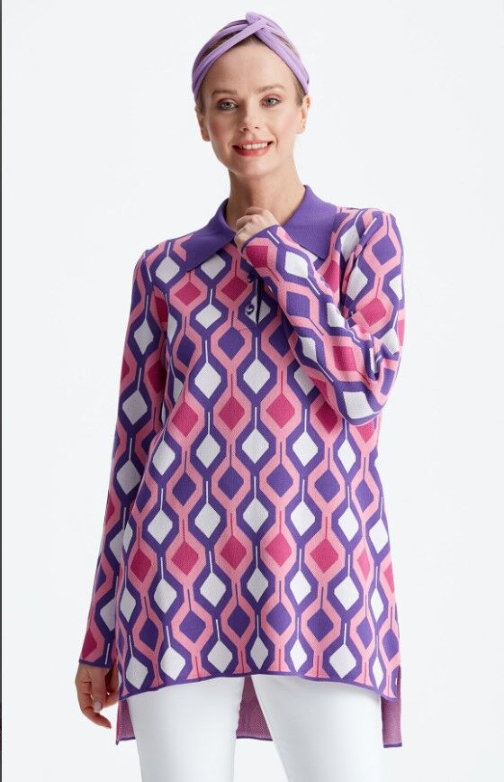 21184 POLO YAKA DESENLİ RAYON KAZAK 1 - mor