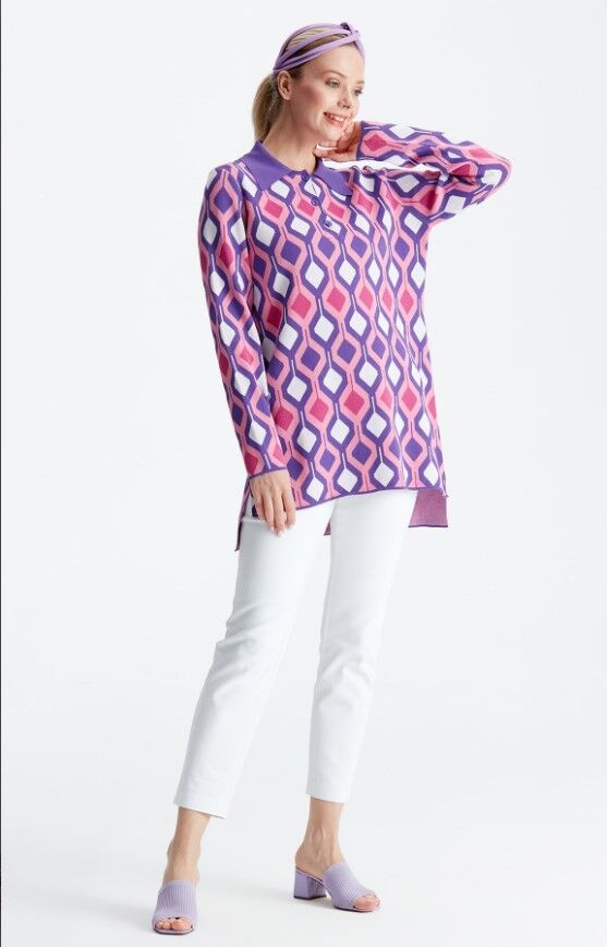 21184 POLO YAKA DESENLİ RAYON KAZAK 1 - mor