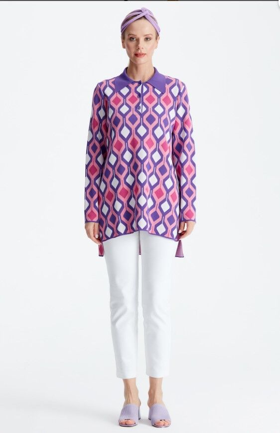 21184 POLO YAKA DESENLİ RAYON KAZAK 1 - mor