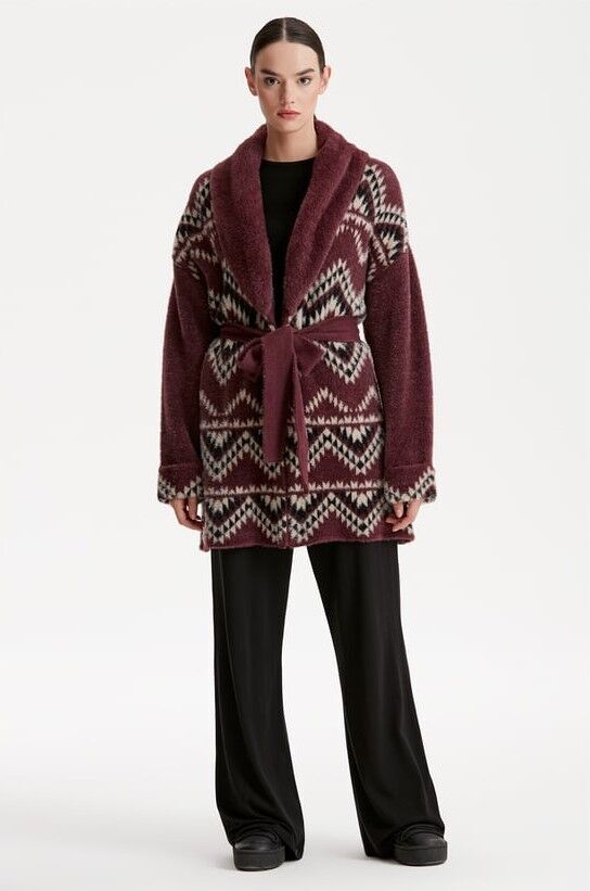 21279 ETNİK DESENLİ ŞAL YAKA MİNK DESENLİ HIRKA QKS HIRKA 21279 #23-12#