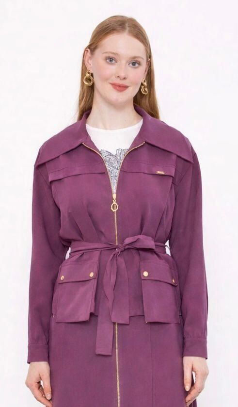 131018 İÇİ UZUN KOLLU BELİ KEMERLİ ÖNÜ CEP DETAYLI ETEK ÖNÜ FERMUARLI SPOR ŞIK ETEKLİ TAKIM #05-25#