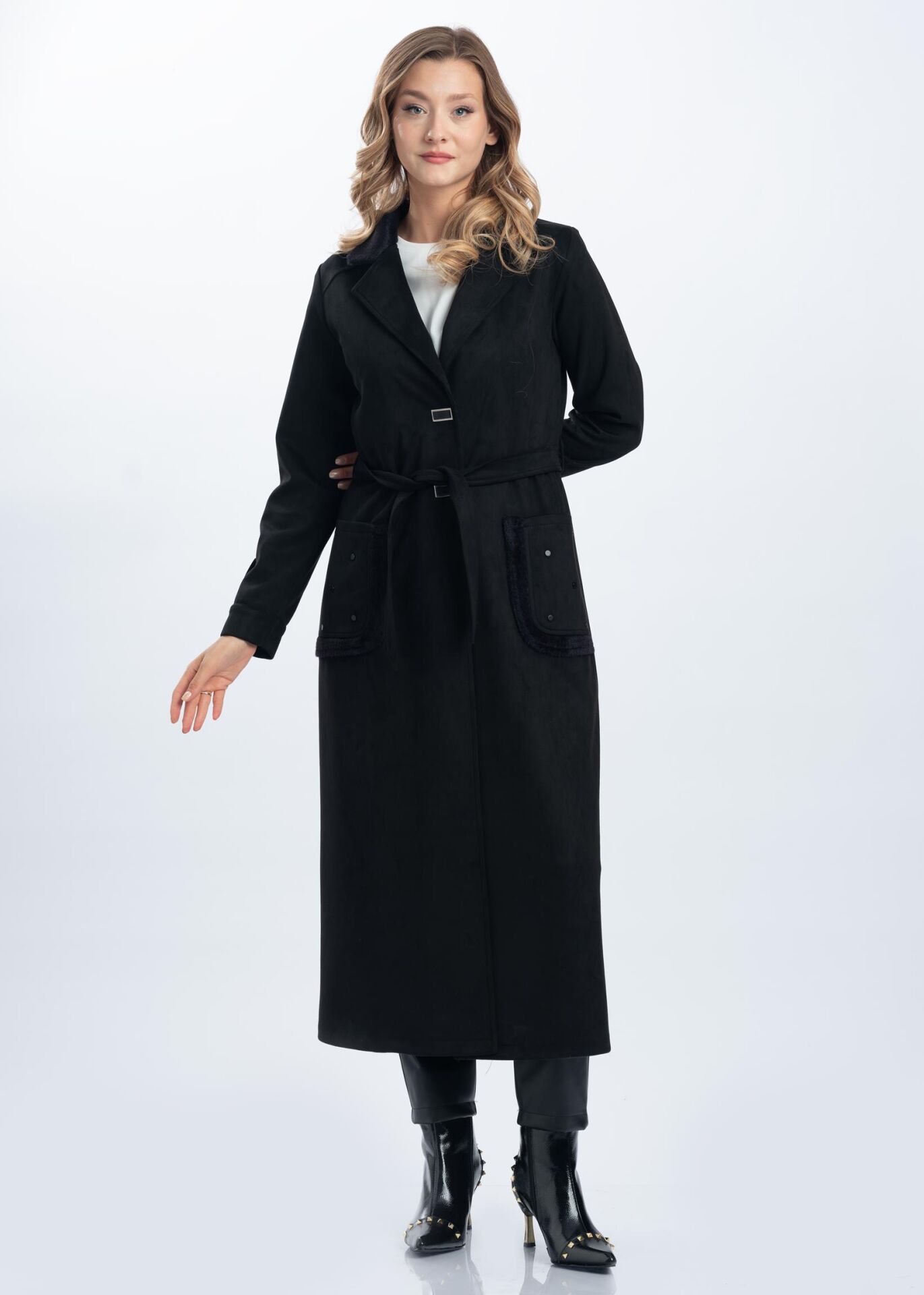 6162 ÖNÜ KARE ÇITÇITLI CEPLİ YAKASI VE KOL UCU PELUŞ DETAYLI SÜVET UZUN GİY ÇIK KAP #11-25#