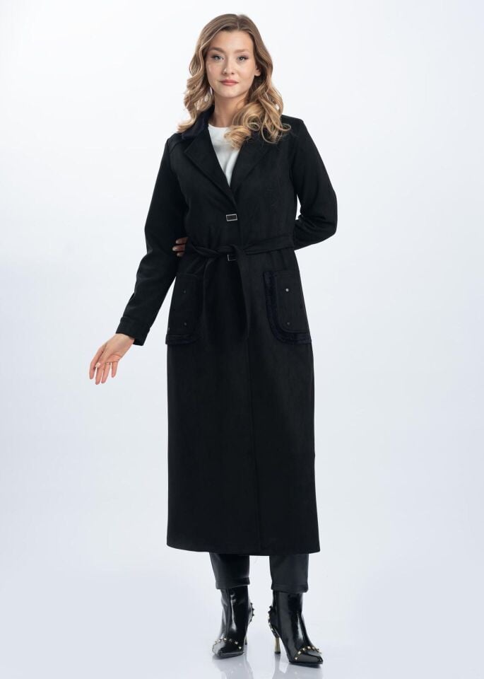 6162 ÖNÜ KARE ÇITÇITLI CEPLİ YAKASI VE KOL UCU PELUŞ DETAYLI SÜVET UZUN GİY ÇIK KAP #11-25#