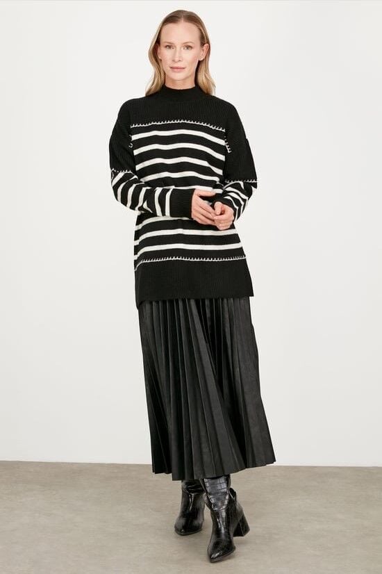 21436 ÇİZGİLİ ÖRGÜ DETAYLI TRİKO TUNİK QKS TUNİK 21436 #23-123