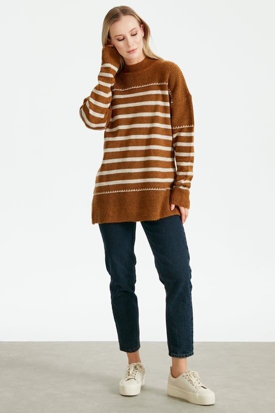 21436 ÇİZGİLİ ÖRGÜ DETAYLI TRİKO TUNİK QKS TUNİK 21436 #23-123