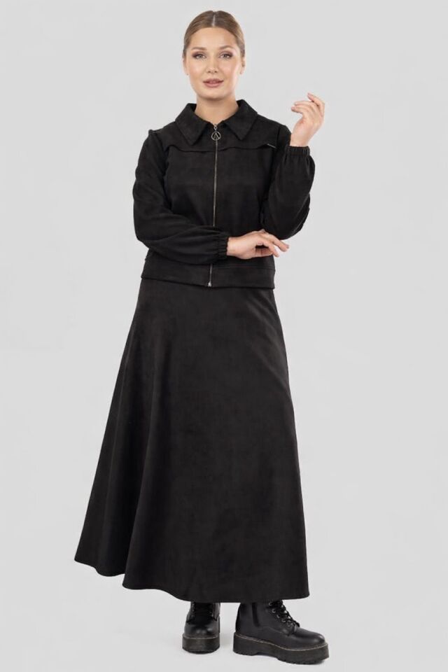 7207 CEKETİN ÖNÜ FERMUARLI KOL UCU LASTİKLİ ETEĞİN BELİ FERMUARLI SÜVET ETEKLİ TAKIM #11-25#