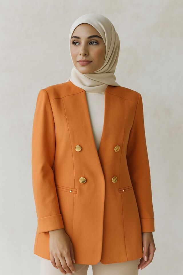 1906 BLAZER CEKET ÖNÜ KRAVUZE YAKA ÇİFT DÜĞME KAPRİ KOL KATLANABİLİR BLAZER CEKET #03-25# 46 - TURUNCU
