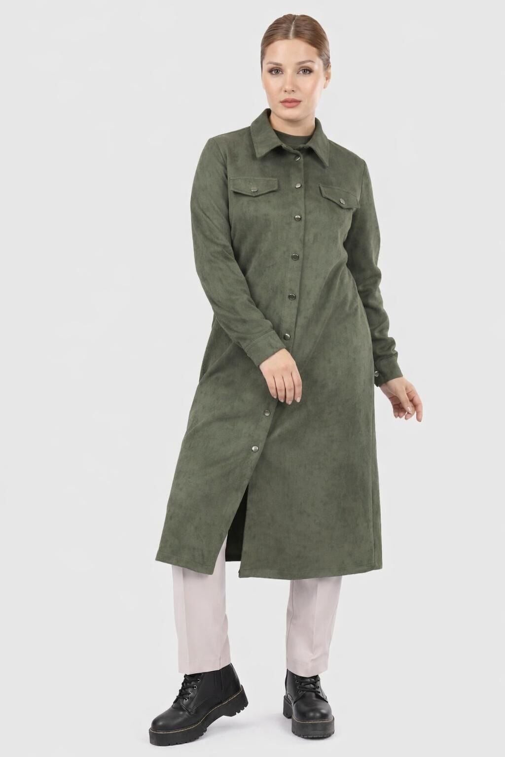 7209 ÖNÜ BOYDAN DÜĞMELİ CEP GÖRÜNÜMLÜ KOL UCU MANŞETLİ SÜVET UZUN TUNİK #11-25#