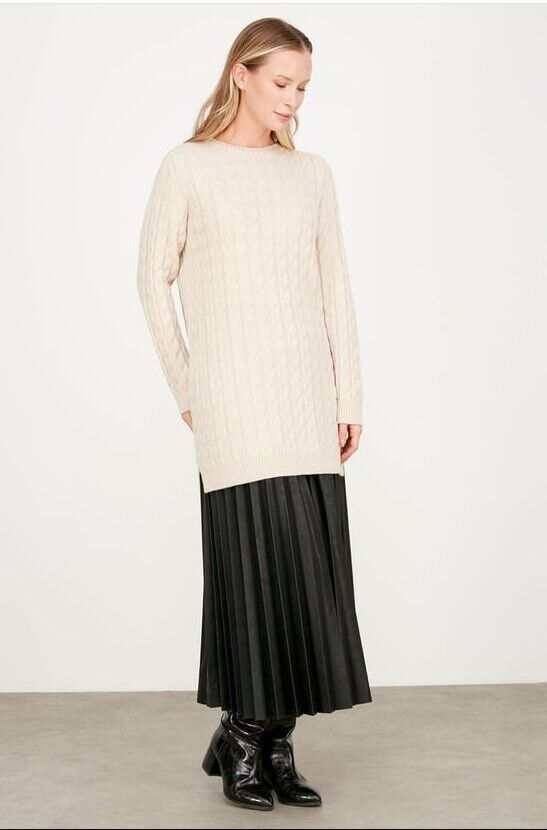 21474 SAÇ ÖRGÜ DETAYLI BASİC TRİKO TUNİK QKS TUNİK 21474 #23-123