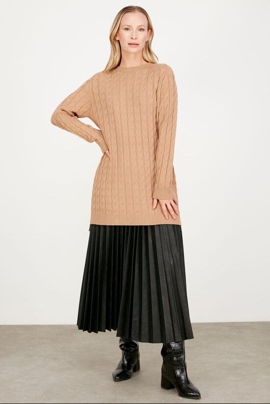 21474 SAÇ ÖRGÜ DETAYLI BASİC TRİKO TUNİK QKS TUNİK 21474 #23-123