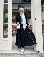 100819 ETEKLİ TAKIM HAKİM YAKA KOL UCU MANŞETLİ YAKASI BAĞLAMALI ÖNÜ DÜĞMELİ ETEĞİN BELİ LASTİKLİ ŞERİT VE PİLE DETAYLI #07-25#