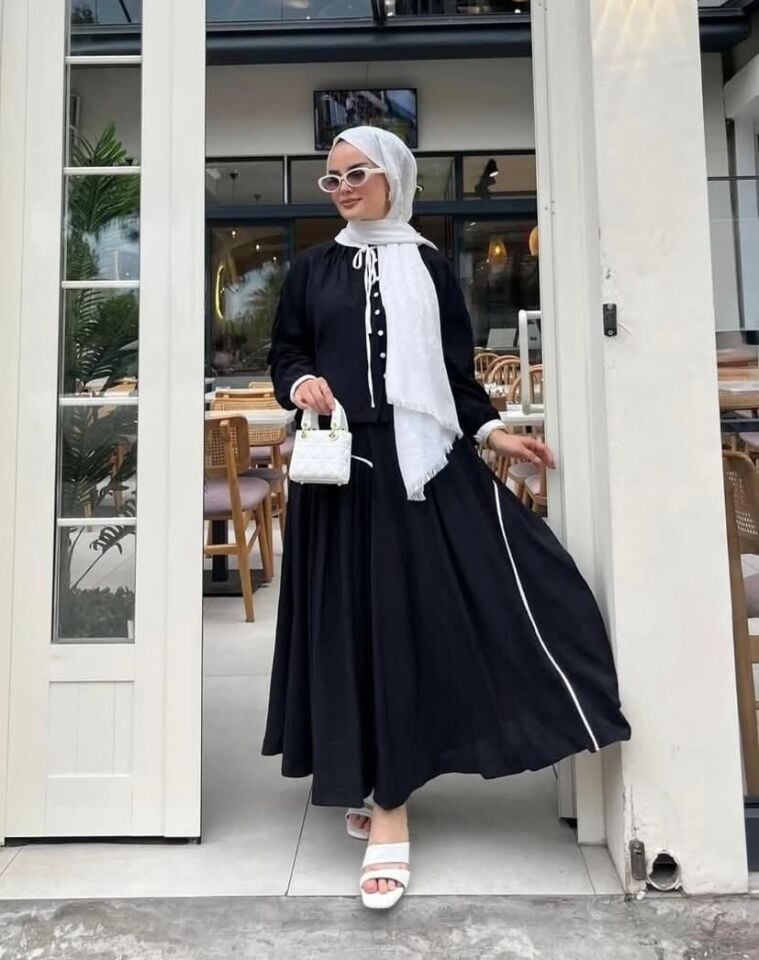 100819 ETEKLİ TAKIM HAKİM YAKA KOL UCU MANŞETLİ YAKASI BAĞLAMALI ÖNÜ DÜĞMELİ ETEĞİN BELİ LASTİKLİ ŞERİT VE PİLE DETAYLI #07-25#