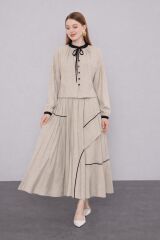 100819 ETEKLİ TAKIM HAKİM YAKA KOL UCU MANŞETLİ YAKASI BAĞLAMALI ÖNÜ DÜĞMELİ ETEĞİN BELİ LASTİKLİ ŞERİT VE PİLE DETAYLI #07-25#