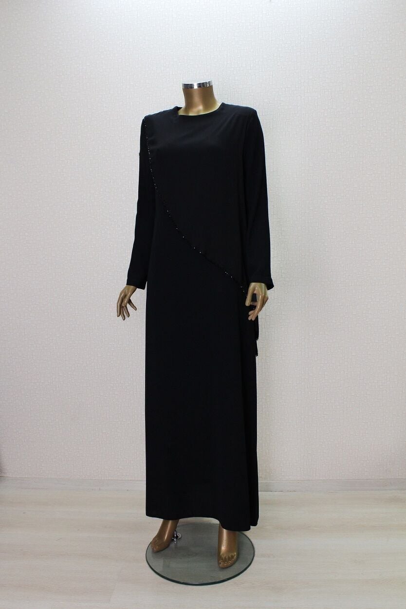 2857 ŞİFON GİYDİRMELİ BONCUKLU RAHAT KALIP ELBİSE QYS ELBİSE #24-023