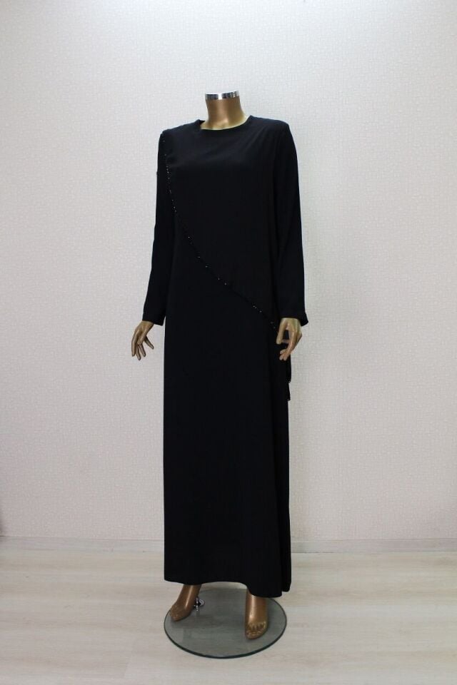 2857 ŞİFON GİYDİRMELİ BONCUKLU RAHAT KALIP ELBİSE QYS ELBİSE #24-023